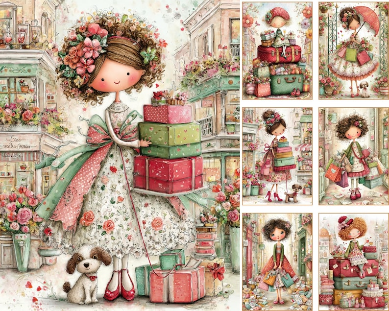May include: Watercolor illustration of a girl holding a stack of gifts, surrounded by flowers and shops. The girl wears a floral dress and has a flower crown. A small dog sits at her feet. The image has a vintage, whimsical style.