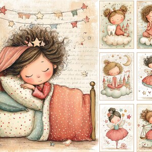 May include: Watercolor illustration of a sleeping girl in a bed with a canopy. The girl has brown hair and wears a crown. The bed has a red and white polka dot blanket. Additional illustrations of fairies and castles are also shown.