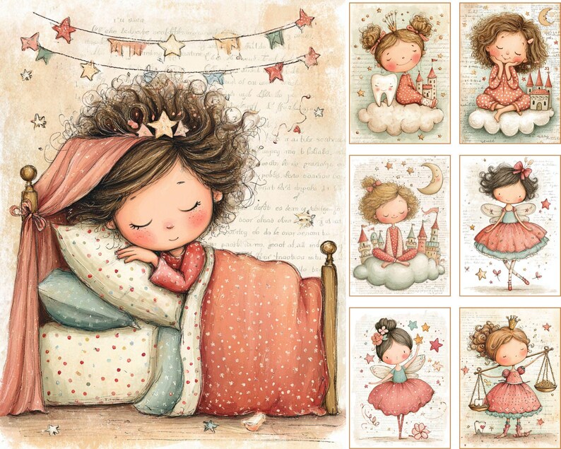 May include: Watercolor illustration of a sleeping girl in a bed with a canopy. The girl has brown hair and wears a crown. The bed has a red and white polka dot blanket. Additional illustrations of fairies and castles are also shown.