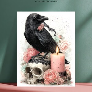 May include: A digital art print featuring a black raven perched on a human skull, adorned with pink roses and a black lace ribbon. A lit pink candle stands beside the skull, surrounded by soft watercolor-style floral accents on a white background.