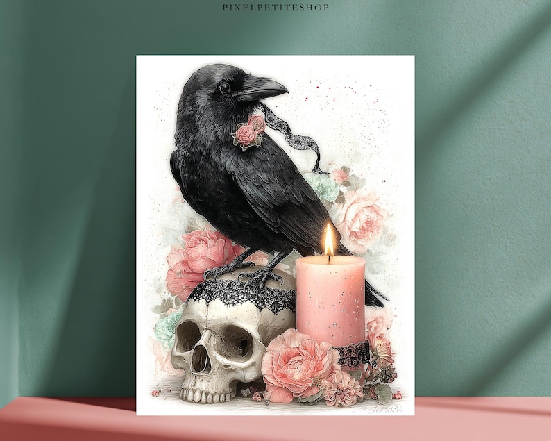 May include: A digital art print featuring a black raven perched on a human skull, adorned with pink roses and a black lace ribbon. A lit pink candle stands beside the skull, surrounded by soft watercolor-style floral accents on a white background.