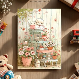 May include: A watercolor illustration of a dog tending a garden, surrounded by pink flowers and potted plants. The artwork is on a canvas, with a teddy bear, toy train, and wrapped gifts nearby. The overall theme is a charming, whimsical garden scene.