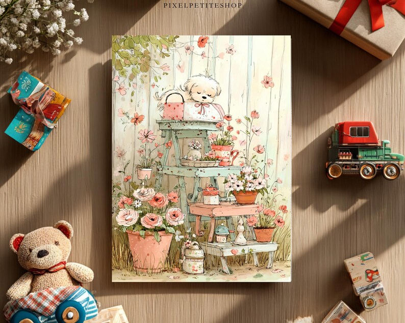 May include: A watercolor illustration of a dog tending a garden, surrounded by pink flowers and potted plants. The artwork is on a canvas, with a teddy bear, toy train, and wrapped gifts nearby. The overall theme is a charming, whimsical garden scene.