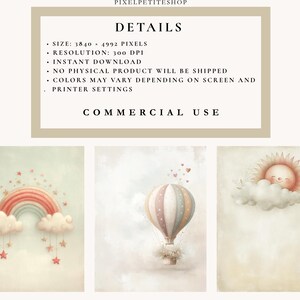 May include: Digital art prints featuring a rainbow with stars, a hot air balloon, and a smiling sun with clouds. The prints are in soft pastel colors, suitable for nursery decor. The image includes details about the instant download and commercial use.