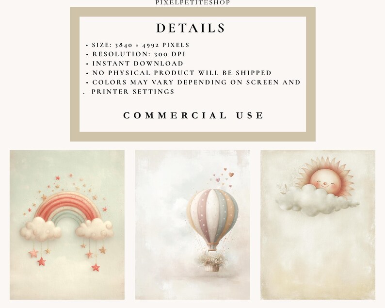 May include: Digital art prints featuring a rainbow with stars, a hot air balloon, and a smiling sun with clouds. The prints are in soft pastel colors, suitable for nursery decor. The image includes details about the instant download and commercial use.