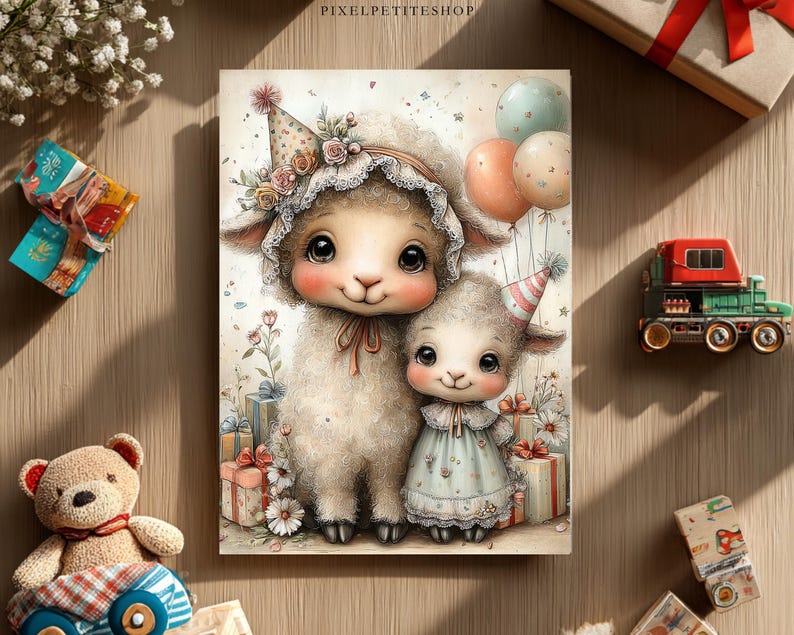 Może przedstawiać: Kapryśna ilustracja dw&oacute;ch owiec, większej i mniejszej, obie w czapkach imprezowych i ozdobionych kwiatami. Większa owca ma kwiatowy czepek. Otaczają je balony i prezenty. Grafika znajduje się na drewnianej powierzchni z innymi elementami dekoracyjnymi.