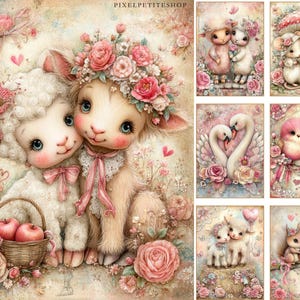 K&ouml;nnte beinhalten: Eine Sammlung skurriler Illustrationen mit entz&uuml;ckenden Tierpaaren. Das Hauptbild zeigt zwei L&auml;mmer, eines mit einem Blumenkranz geschm&uuml;ckt, die sich aneinander kuscheln. Weitere Bilder zeigen Paare von M&auml;usen, V&ouml;geln, Schw&auml;nen und Eichh&ouml;rnchen, alle umgeben von Blumen und Herzen.