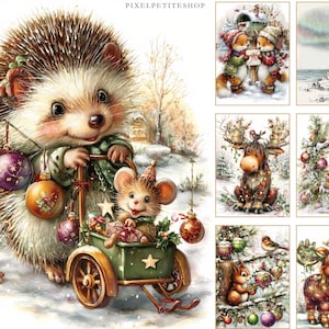 May include: A collection of whimsical Christmas illustrations. One features a hedgehog pushing a cart with a mouse, ornaments, and gifts. Other images include festive animals, a lighthouse, and winter scenes with snow.