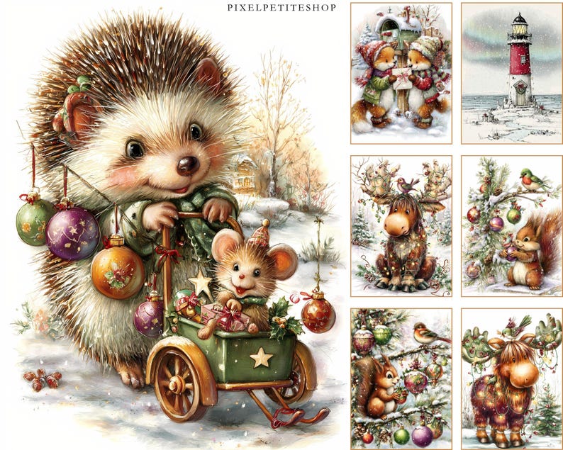 May include: A collection of whimsical Christmas illustrations. One features a hedgehog pushing a cart with a mouse, ornaments, and gifts. Other images include festive animals, a lighthouse, and winter scenes with snow.