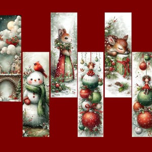 Puede incluir: Una colecci&oacute;n de ilustraciones navide&ntilde;as en acuarela. Las im&aacute;genes presentan un mu&ntilde;eco de nieve, un ciervo y adornos decorativos. La paleta de colores incluye rojo, verde, blanco y azul, con un fondo de escena invernal nevada. Las ilustraciones son verticales y rectangulares.
