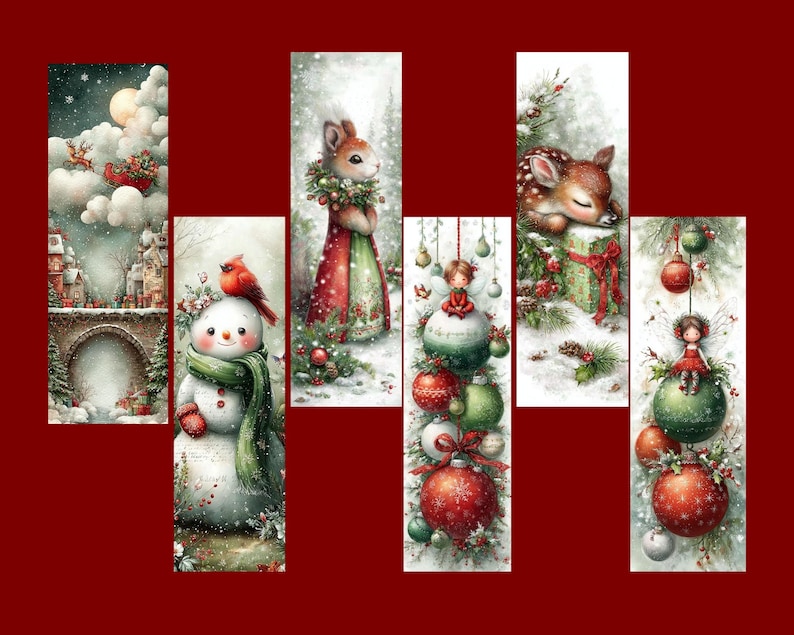 Puede incluir: Una colecci&oacute;n de ilustraciones navide&ntilde;as en acuarela. Las im&aacute;genes presentan un mu&ntilde;eco de nieve, un ciervo y adornos decorativos. La paleta de colores incluye rojo, verde, blanco y azul, con un fondo de escena invernal nevada. Las ilustraciones son verticales y rectangulares.
