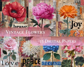 May include: A collage of vintage flower illustrations. The image features a red poppy, a pink peony, and an orange gerbera daisy. The words "brave", "Joy", "love", "peace", "dream", and "kind" are included. The text "Vintage Flowers" and "35 Digital Papers" are also present.