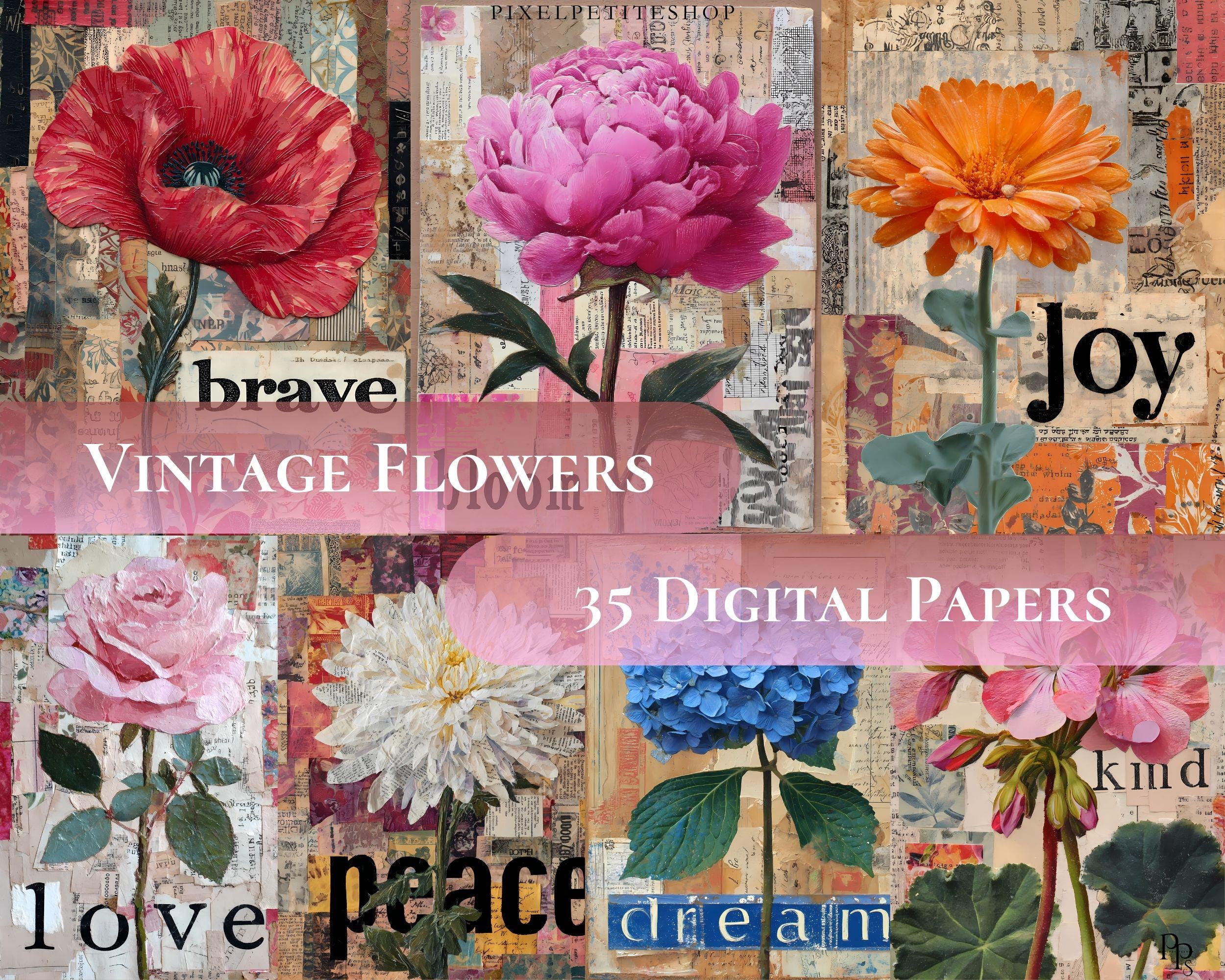 Preview of Inspirational Floral Collage Papers — 35 Vintage Printables