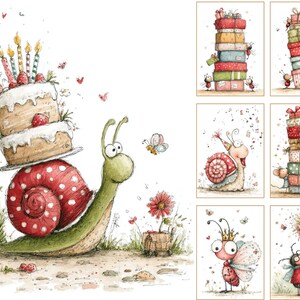 May include: Whimsical watercolor illustrations featuring a snail carrying a birthday cake, stacks of gifts, and charming insects. The artwork has a soft color palette with red, green, and pink accents, perfect for children's decor or greeting cards.