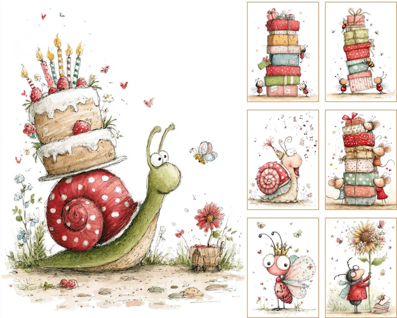 May include: Whimsical watercolor illustrations featuring a snail carrying a birthday cake, stacks of gifts, and charming insects. The artwork has a soft color palette with red, green, and pink accents, perfect for children's decor or greeting cards.