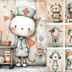 May include: Watercolor illustrations of adorable animal nurses. A cat nurse stands next to a medical cart with a syringe and medicine jars. Other images include a mouse, frog, cow, dog, fox, and a beaver, all dressed as nurses.