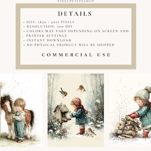 Op de afbeelding: Waterverfillustraties met kinderen en dieren in winterse taferelen. E&eacute;n toont een kind met een pony, een ander een kind dat vogels voert, en de laatste een kind met brandhout. De tekst bovenaan luidt "DETAILS" en "COMMERCIAL USE".