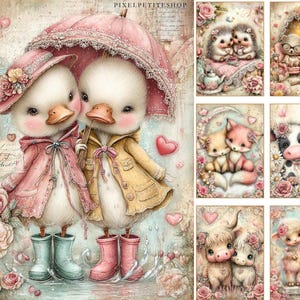 K&ouml;nnte beinhalten: Eine skurrile Illustration zeigt zwei Entenk&uuml;ken unter einem rosa Regenschirm, die M&auml;ntel und Stiefel tragen. Das Bild enth&auml;lt auch andere Illustrationen von Tierpaaren, wie Igel, F&uuml;chse, K&uuml;he und Schafe, umgeben von Blumen und Herzen. Der Stil ist sanft und romantisch.