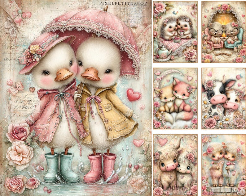 K&ouml;nnte beinhalten: Eine skurrile Illustration zeigt zwei Entenk&uuml;ken unter einem rosa Regenschirm, die M&auml;ntel und Stiefel tragen. Das Bild enth&auml;lt auch andere Illustrationen von Tierpaaren, wie Igel, F&uuml;chse, K&uuml;he und Schafe, umgeben von Blumen und Herzen. Der Stil ist sanft und romantisch.