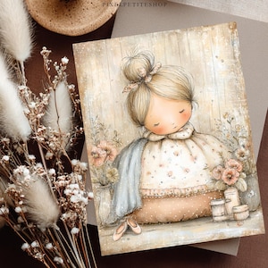 May include: A rectangular art print featuring a whimsical illustration of a blonde child with a top knot hairstyle, wearing a cream-colored dress with a blue shawl, surrounded by soft pink flowers in vases, set against a light wood-textured background.