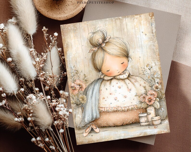 May include: A rectangular art print featuring a whimsical illustration of a blonde child with a top knot hairstyle, wearing a cream-colored dress with a blue shawl, surrounded by soft pink flowers in vases, set against a light wood-textured background.