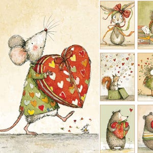 K&ouml;nnte beinhalten: Eine Sammlung skurriler Illustrationen mit entz&uuml;ckenden Tierfiguren. Eine Maus tr&auml;gt eine gro&szlig;e herzf&ouml;rmige Geschenkbox mit Herzmustern. Weitere Bilder zeigen ein Kaninchen, eine Eule, ein Eichh&ouml;rnchen, einen Igel und einen B&auml;ren, alle mit Herzmotiven.