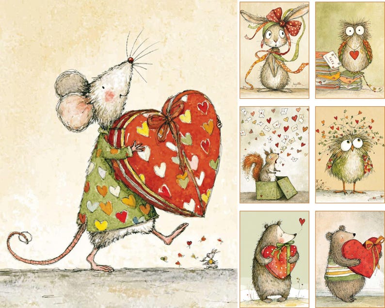 K&ouml;nnte beinhalten: Eine Sammlung skurriler Illustrationen mit entz&uuml;ckenden Tierfiguren. Eine Maus tr&auml;gt eine gro&szlig;e herzf&ouml;rmige Geschenkbox mit Herzmustern. Weitere Bilder zeigen ein Kaninchen, eine Eule, ein Eichh&ouml;rnchen, einen Igel und einen B&auml;ren, alle mit Herzmotiven.