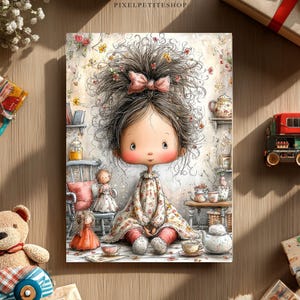 Puede incluir: Ilustraci&oacute;n caprichosa de una figura de mu&ntilde;eca con ojos grandes y un lazo rosa en el pelo, sentada en una habitaci&oacute;n acogedora con tem&aacute;tica floral. La obra presenta colores suaves, un juego de t&eacute; y un oso de peluche, evocando calidez e infancia.