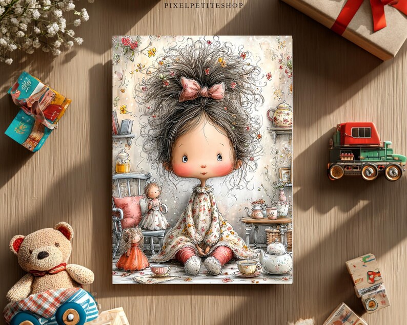 Puede incluir: Ilustraci&oacute;n caprichosa de una figura de mu&ntilde;eca con ojos grandes y un lazo rosa en el pelo, sentada en una habitaci&oacute;n acogedora con tem&aacute;tica floral. La obra presenta colores suaves, un juego de t&eacute; y un oso de peluche, evocando calidez e infancia.
