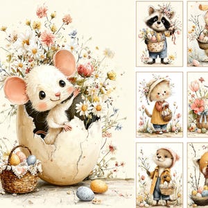 May include: Watercolor illustrations of Easter-themed animals and floral arrangements. A white mouse emerges from a cracked egg, surrounded by flowers. Other images include a raccoon, dog, cat, hummingbird, and red panda, each with Easter baskets.