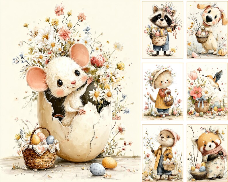May include: Watercolor illustrations of Easter-themed animals and floral arrangements. A white mouse emerges from a cracked egg, surrounded by flowers. Other images include a raccoon, dog, cat, hummingbird, and red panda, each with Easter baskets.