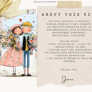 May include: Digital art kit featuring a whimsical illustration of a couple holding flowers, with the text "ABOUT THIS KIT". The kit includes 35 digital papers for creative projects. The image size is 8.5x11 inches.