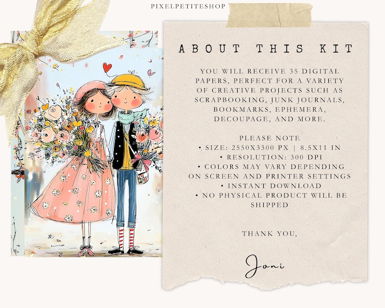 May include: Digital art kit featuring a whimsical illustration of a couple holding flowers, with the text "ABOUT THIS KIT". The kit includes 35 digital papers for creative projects. The image size is 8.5x11 inches.