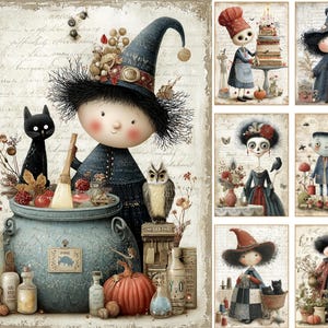 May include: A collection of seven whimsical illustrations featuring characters in witch hats, skeletons, and creatures like cats and owls. The scenes include cauldrons, pumpkins, cakes, and apothecary bottles set against a vintage script background.