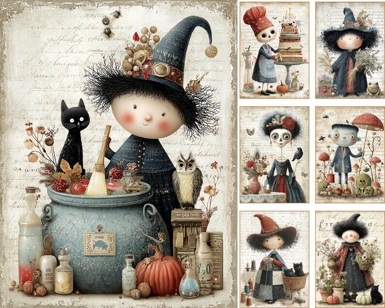 May include: A collection of seven whimsical illustrations featuring characters in witch hats, skeletons, and creatures like cats and owls. The scenes include cauldrons, pumpkins, cakes, and apothecary bottles set against a vintage script background.