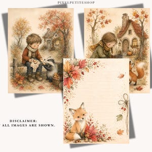 Op de afbeelding: Drie vellen briefpapier met herfstachtige illustraties. E&eacute;n toont een kind met een das, een andere een kind bij een huisje, en de derde is gelinieerd met een vos en herfstbladeren. Tekst: PIXELPETITESHOP en DISCLAIMER: NOT ALL IMAGES ARE SHOWN.