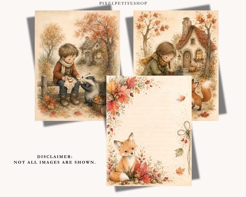 Op de afbeelding: Drie vellen briefpapier met herfstachtige illustraties. E&eacute;n toont een kind met een das, een andere een kind bij een huisje, en de derde is gelinieerd met een vos en herfstbladeren. Tekst: PIXELPETITESHOP en DISCLAIMER: NOT ALL IMAGES ARE SHOWN.