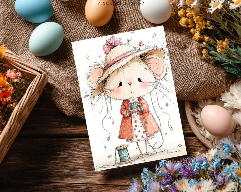 Peut inclure: Illustration &agrave; l'aquarelle d'une souris portant un chapeau de paille et un manteau &agrave; pois rouges, tenant une bobine de fil. L'image est sur une carte blanche, entour&eacute;e d'&oelig;ufs de P&acirc;ques et de fleurs, sur une surface en bois.