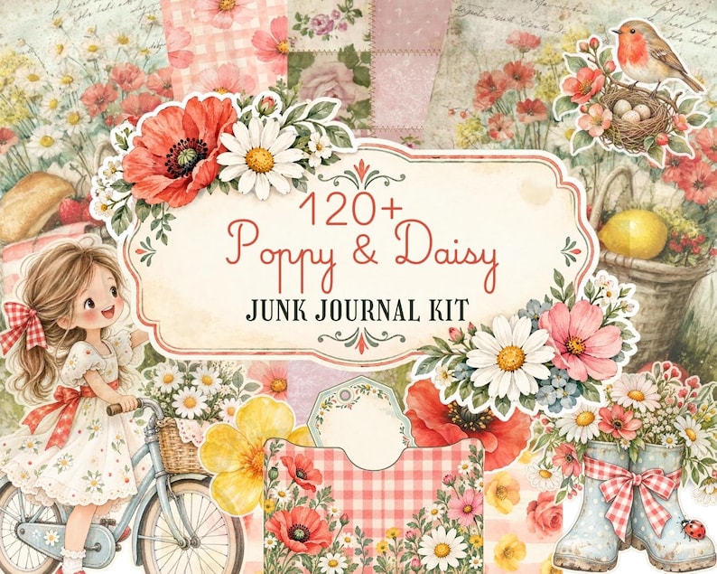 May include: A digital junk journal kit featuring a central label with the text 120+ Poppy & Daisy JUNK JOURNAL KIT. The design includes illustrations of a girl on a bicycle, a robin in a nest, floral arrangements, poppies, daisies, and boots.