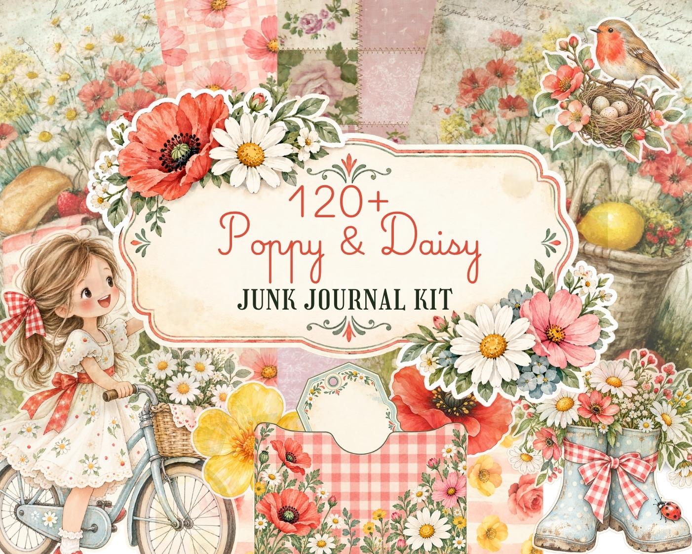 Preview of Poppy & Daisy Junk Journal Kit — 120+ Floral Printables