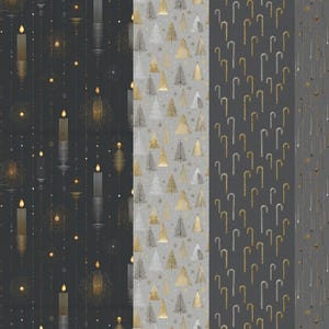 May include: A collection of four repeating patterns with a holiday theme. The patterns include candles, Christmas trees, candy canes, and falling stars. The color palette features gold, silver, and gray tones on a dark background.
