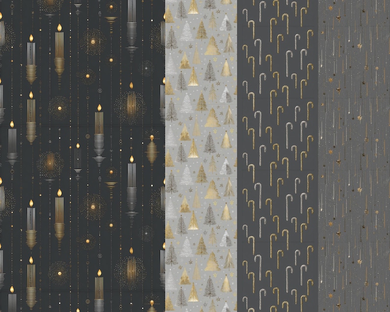 May include: A collection of four repeating patterns with a holiday theme. The patterns include candles, Christmas trees, candy canes, and falling stars. The color palette features gold, silver, and gray tones on a dark background.
