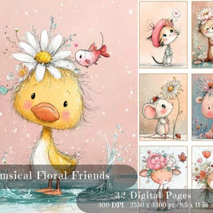 May include: A set of charming watercolour illustrations of cute animals with floral decorations. The artwork includes a duck, cat, mouse, bear, deer, and rabbit. The text "Whimsical Floral Friends" and "32 Digital Pages" are visible.