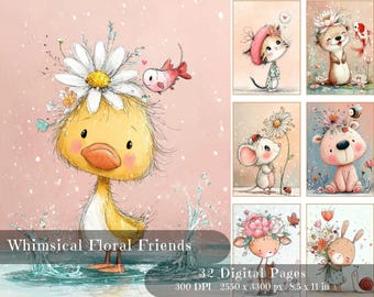 May include: A collection of whimsical watercolor illustrations featuring adorable animal characters adorned with flowers. The artwork includes a duck, cat, mouse, bear, deer, and rabbit. The text "Whimsical Floral Friends" and "32 Digital Pages" are visible.