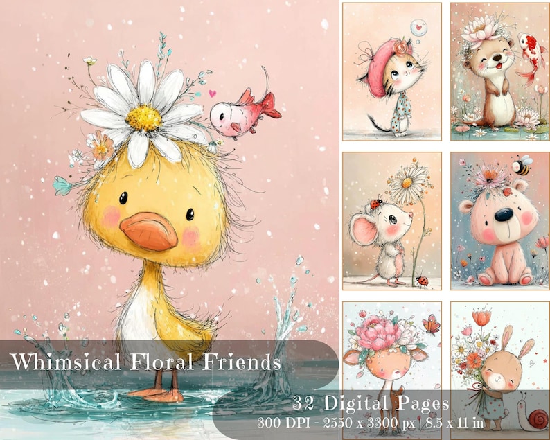 Nyckfulla digitala sidor med blommiga vänner | Utskrivbara skräpjournaler och scrapbooking (digital nedladdning) bild 1