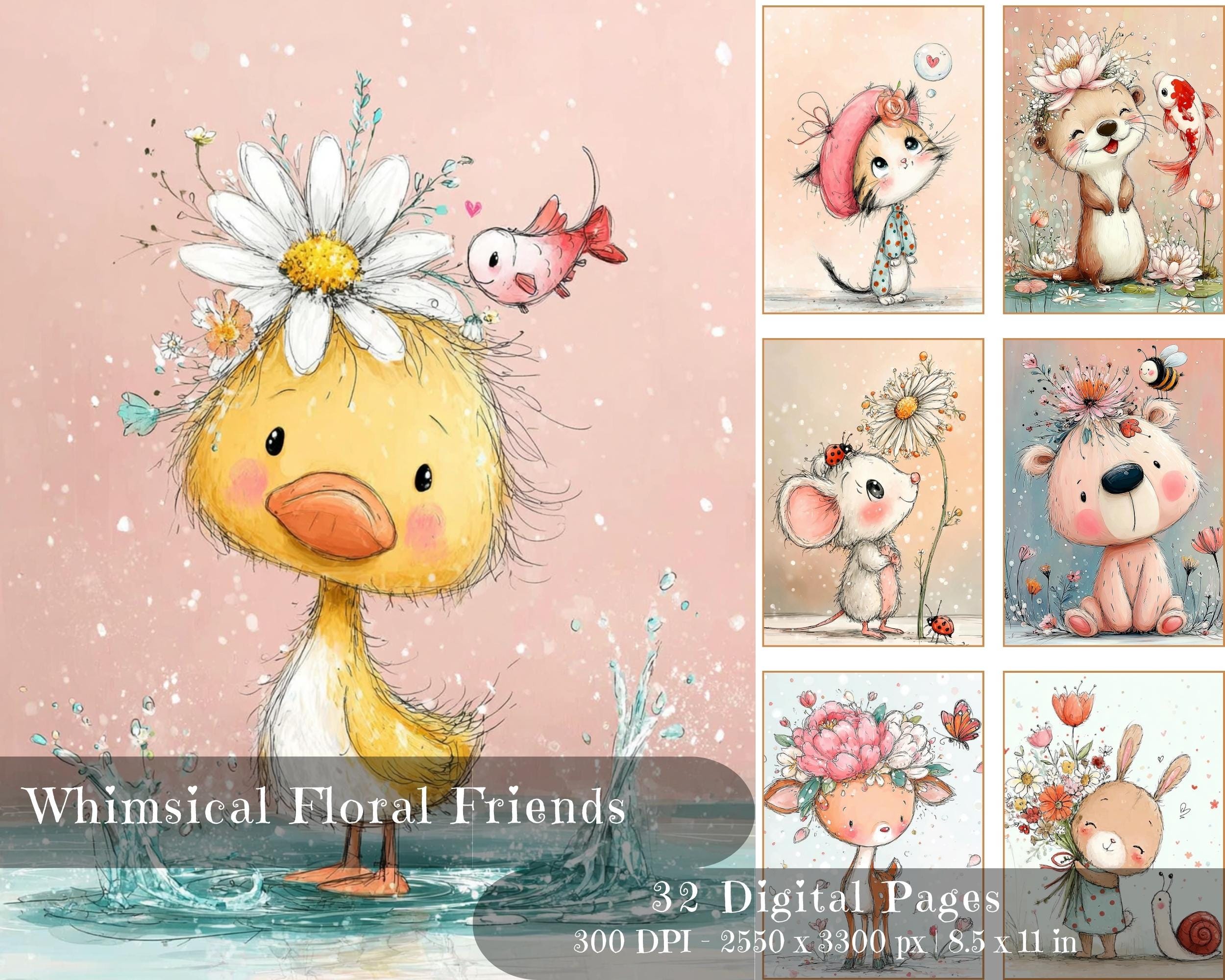 Preview of Floral Animal Friends — 32 Printable Junk Journal Pages