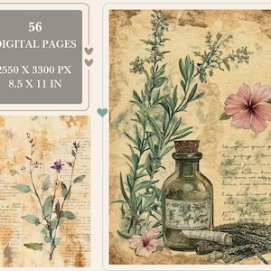 May include: Digital art print featuring botanical illustrations. The image includes a vintage-style apothecary bottle with a cork stopper, surrounded by herbs, flowers, and handwritten text. The text reads "56 Digital Pages, 2550 x 3300 px, 8.5 x 11 in."