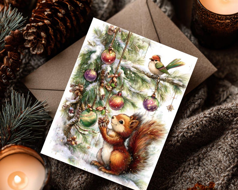 May include: A watercolor Christmas card featuring a squirrel reaching for a Christmas ornament on a snow-covered pine branch. A small bird perches nearby. The card has red, green, and purple ornaments. The background includes a pine cone and a lit candle.