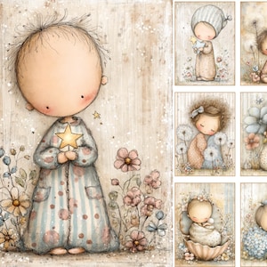 May include: A collection of seven illustrations featuring whimsical characters in soft, muted tones. Each image depicts a small figure surrounded by flowers, stars, or natural elements, rendered in a delicate, sketch-like style with pastel colors.