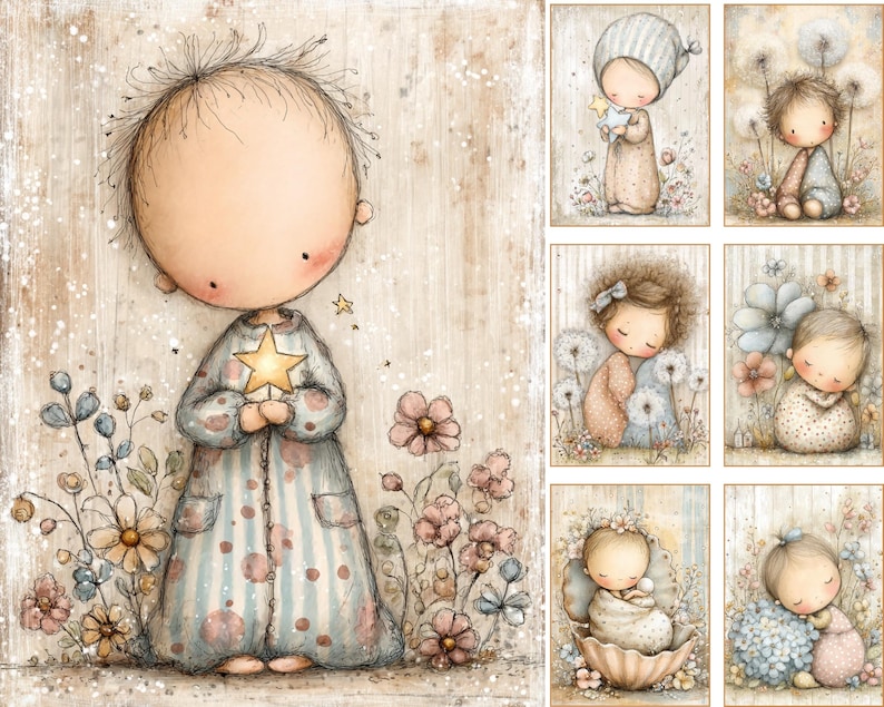May include: A collection of seven illustrations featuring whimsical characters in soft, muted tones. Each image depicts a small figure surrounded by flowers, stars, or natural elements, rendered in a delicate, sketch-like style with pastel colors.